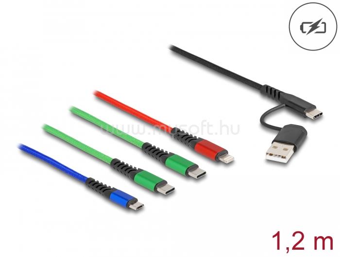 DELOCK 1,20 m hosszú, USB töltő kábel 4 az 1 A-típusú USB + USB-C apa Lightning-, Micro USB- és 2 x USB Type-C csatlakozáshoz