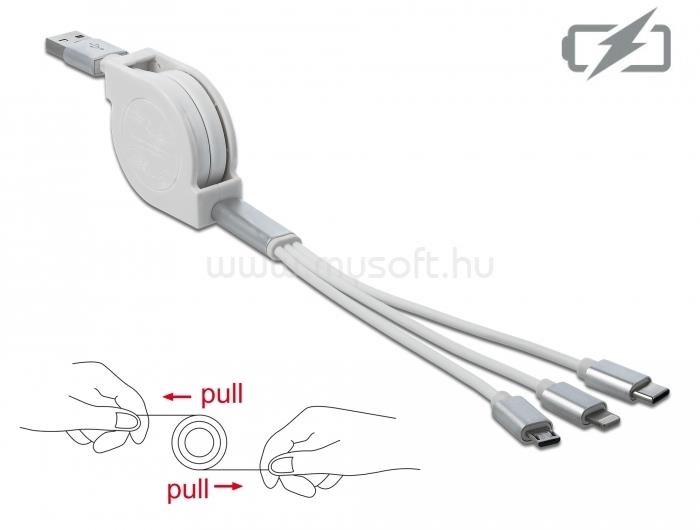 DELOCK 3 az 1-ben visszahúzható fehér USB töltokábel 8 tus- / Micro-USB- / USB Type-C  végzodéssel