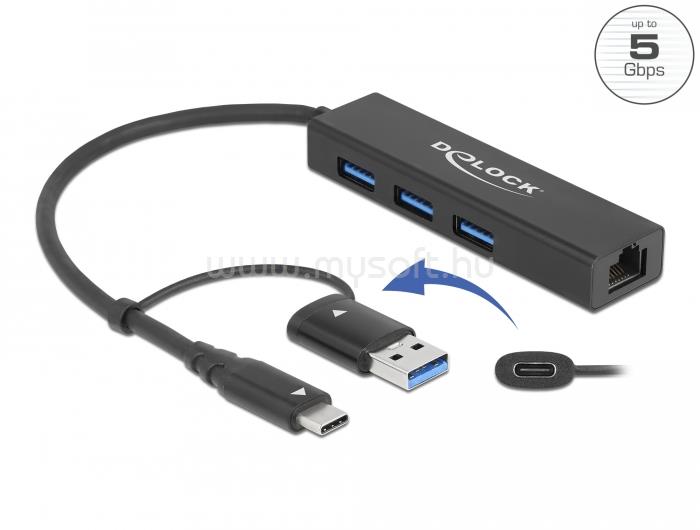 DELOCK 3 Port USB 3.2 Gen 1 Hub + Gigabit LAN USB Type-C  vagy A-típusú USB konnektorral