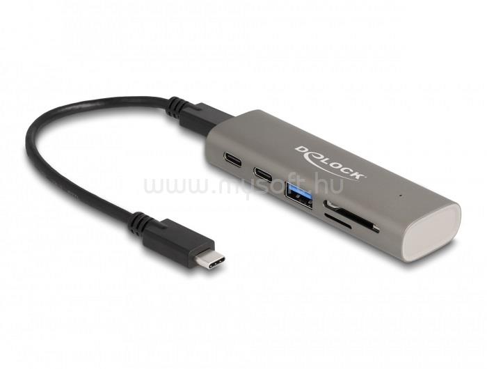 DELOCK 3 portos USB 10 Gbps hub beépített SD és Micro SD kártyaolvasóval, valamint USB Type-C  csatlakoztatóval