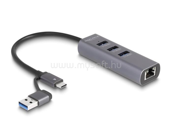 DELOCK 3 portos USB 5 Gbps Hub + Gigabit LAN USB Type-C  csatlakozóval vagy A-típusú USB csatlakozóval fém vázban