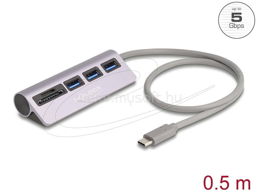 DELOCK 3 portos USB 5 Gbps hub beépített SD és Micro SD kártyaolvasóval, valamint USB Type-C  csatlakoztatóval