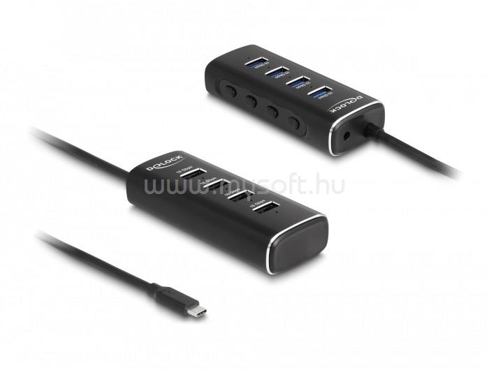 DELOCK 4 portos USB 10 Gbps hub USB Type-C , 60 cm hosszú kábellel és az egyes portokhoz tartozó kapcsolóval