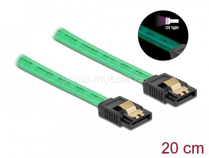 DELOCK 6 Gb/s SATA kábel UV fényhatással zöld színű, 20 cm