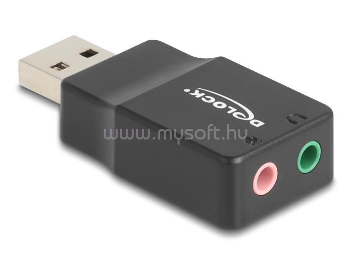 DELOCK Külső USB hangkártya 2 x 3,5 mm-es sztereo jack Plug & Play audio adapterrel személyi számítógépekhez, laptopokhoz és Mac rendszerekhez fekete
