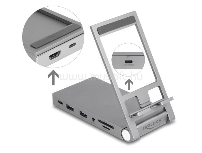 DELOCK táblagép és notebook dokkoló állomás 4K beépített tartóval - HDMI / USB / Hub / SD / Micro SD / PD 3.0 - összecsukható