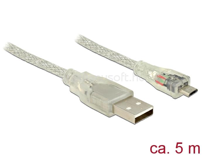 DELOCK USB 2.0-s kábel A-típusú csatlakozódugóval > USB 2.0 Micro-B csatlakozódugóval, 5 m, áttetsző