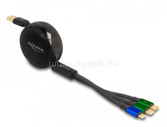 DELOCK USB 3 az 1-ben visszahúzható töltőkábel Micro USB-hez / 2 x USB Type-C gyorstöltéssel, fekete