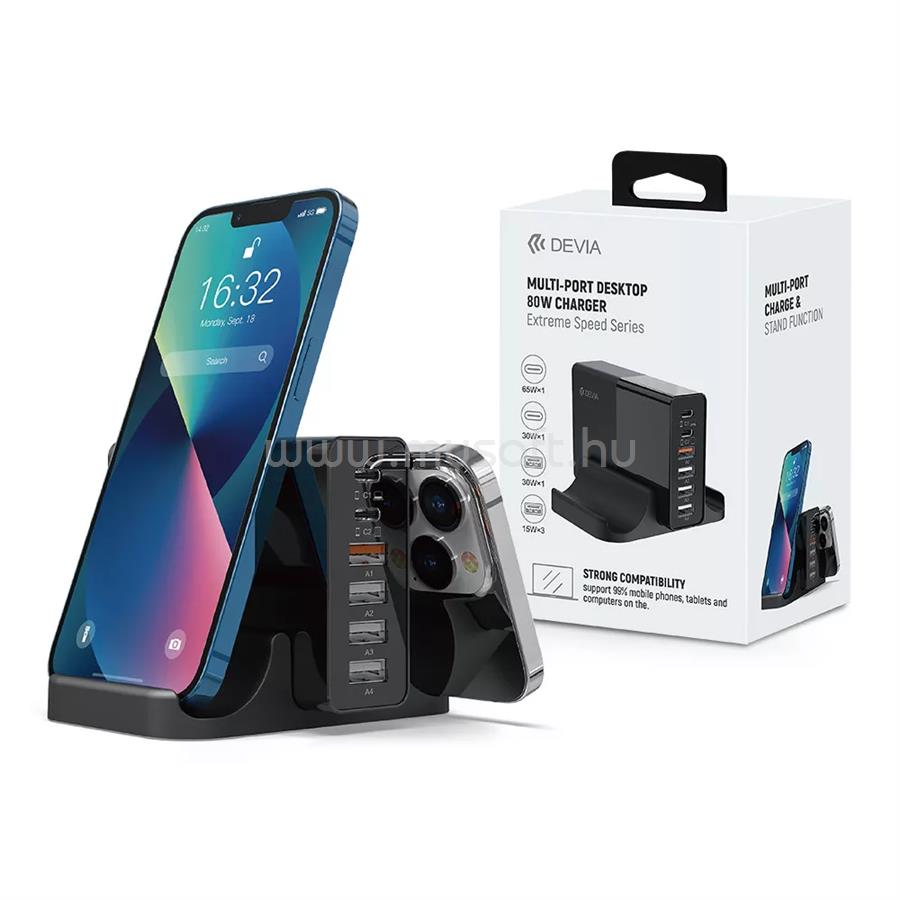 DEVIA hálózati töltő állomás 4 USB+Type-C aljzat 75W, PD gyorstöltő 3.0, FEKETE