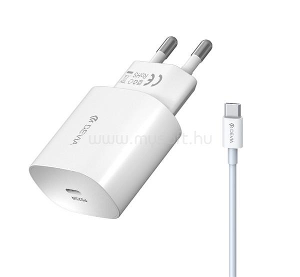 DEVIA hálózati töltő Type-C aljzat 25W, gyorstöltő + Type-C kábel, FEHÉR