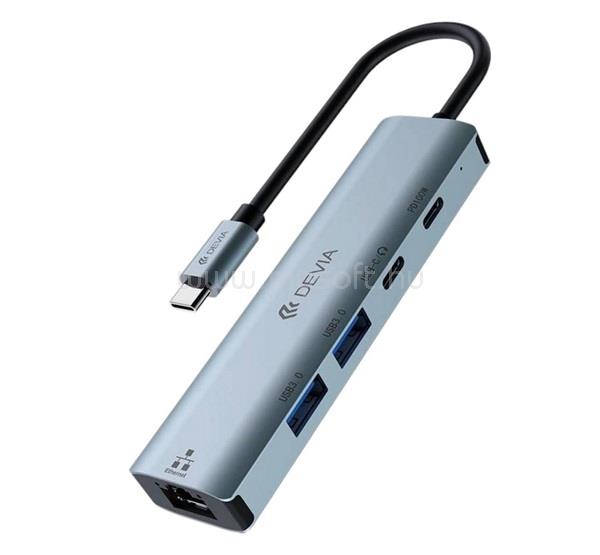 DEVIA DEVIA LEOPARD USB+Type-C HUB 6in1 aktív, 2 USB+2 Type-C+RJ45 aljzat, SÖTÉTSZÜRKE