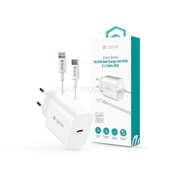 DEVIA SMART hálózati töltő Type-C aljzat 30W, PD gyorstöltő + lightning kábel, FEHÉR