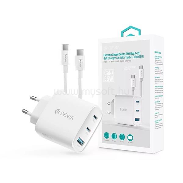 DEVIA EXTREME hálózati töltő USB+2 Type-C aljzat 65W, PD gyorstöltő + Type-C kábel, FEHÉR
