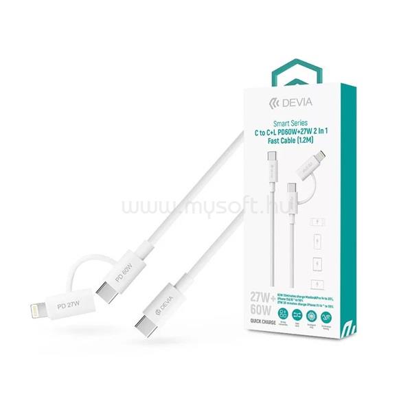 DEVIA ST121485 Smart Series 1,2m 60W+27W PD Type-C/Type-C+Lightning fehér adat és töltőkábel