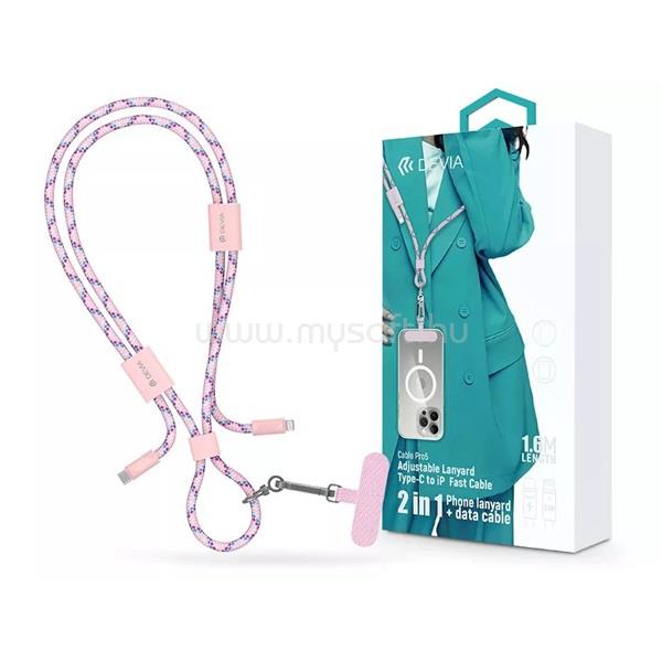 DEVIA ST124998 Cable Pro5 Woven 1,6m 27W PD Type-C - Lightning pink adat- és töltőkábel + nyakpánt