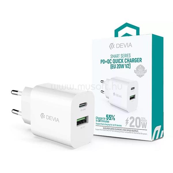 DEVIA ST385247 20W Type-C + USB PD+QC fehér hálózati töltő adapter