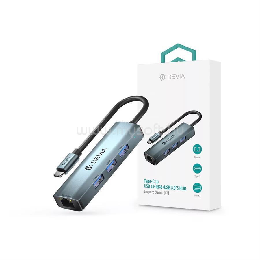 DEVIA ST387982 USB TYPE-C - USB 3.1 + RJ45 + 3XUSB 3.0 ELOSZTÓ/ADAPTER - LEOPARD SERIES 5 V3 HUB - SZÜRKE