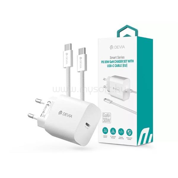 DEVIA ST399800 Smart Series 30W GaN PD+QC fehér hálózati gyorstöltő adapter + Type-C/Type-C kábel