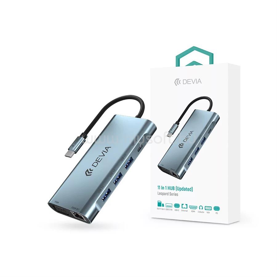DEVIA ST399992 Leopard 11in1 3xUSB/Type-C/PD/HDMI/VGA/RJ45/Kártyaolvasó/Jack elosztó adapter Hub (szürke)