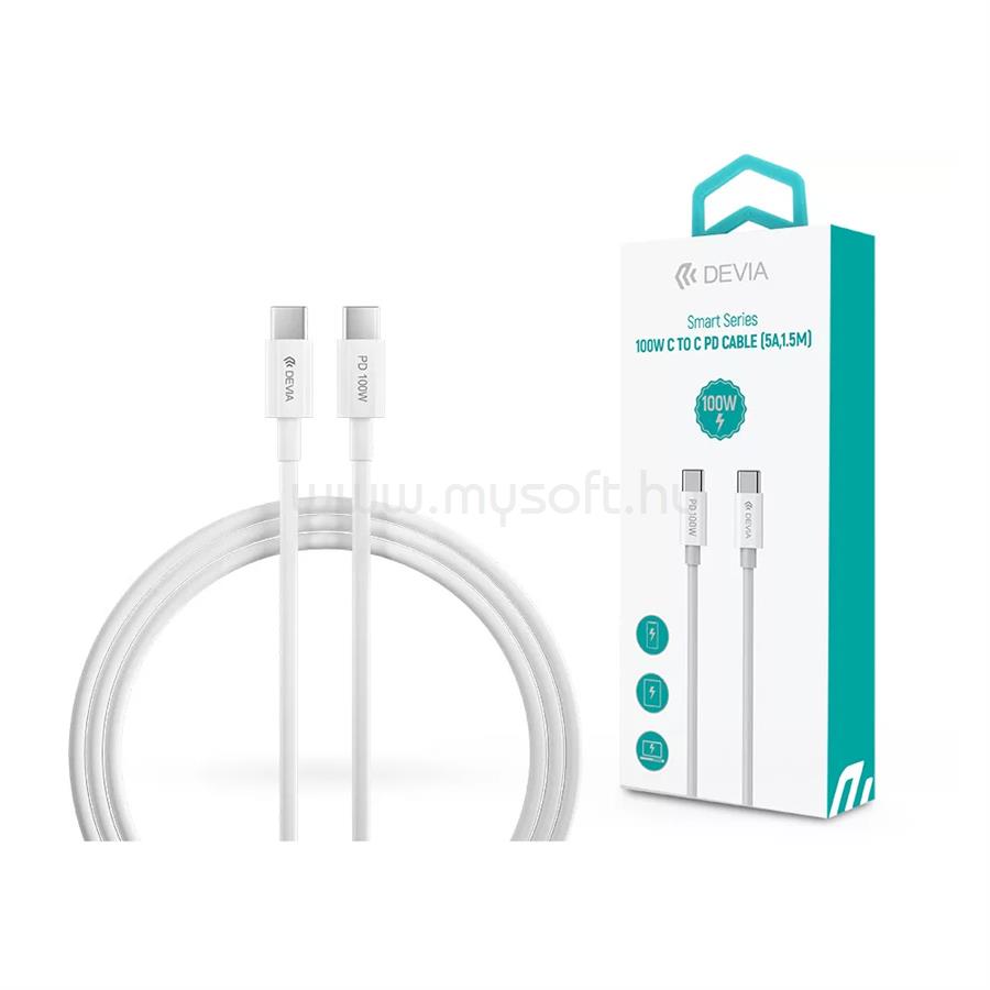 DEVIA USB TYPE-C - USB TYPE-C ADAT- ÉS TÖLTŐKÁBEL 1,5 M-ES VEZETÉKKEL 100W (FEHÉR)