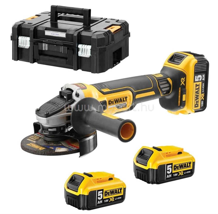 DEWALT 18V XR kefe nélküli sarokcsiszoló 3 × 5.0 Ah akkumulátorral és töltővel TSTAK kofferben