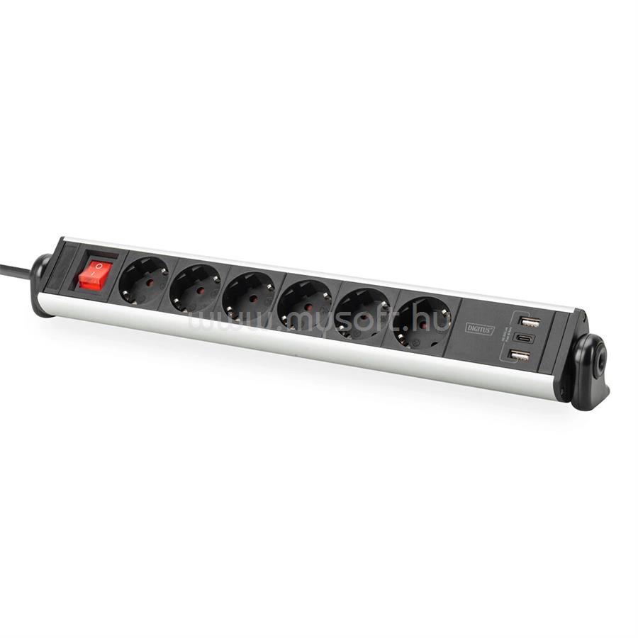 DIGITUS DA-70624 Asztali alumínium 6 schuko dugaljas 2x USB A 1x USB-C  port hálózati elosztó