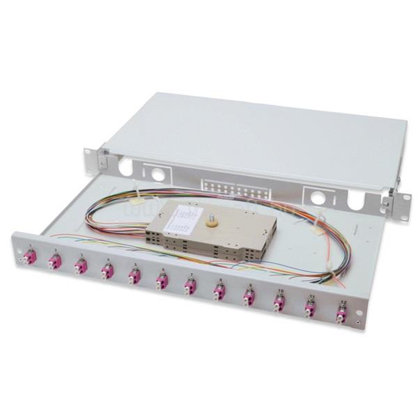 DIGITUS DN-96331-4 1U 12xLC duplex OM4 toldóval pigtaillel és kötőkazettával szerelt optikai rendező