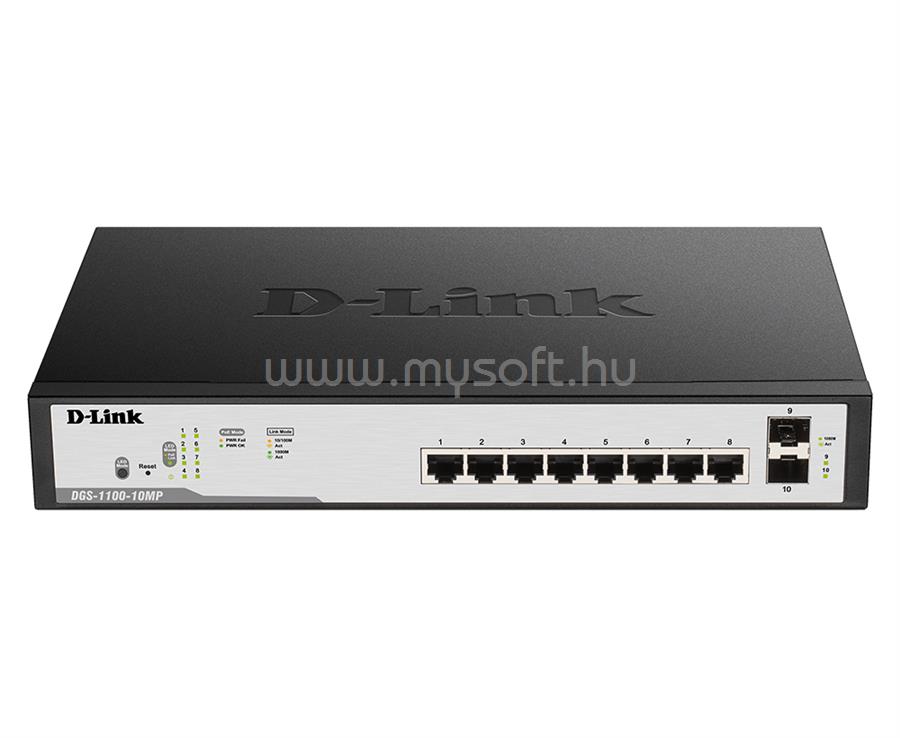 DLINK DGS-1100-10MPV2/E Switch 8x1000Mbps (8xPOE) + 2xGigabit SFP fémházas asztali menedzselhető