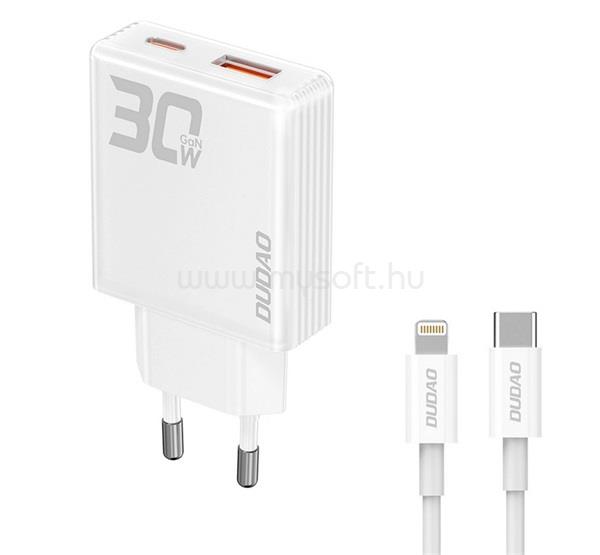 DUDAO DUDAO A30EUL hálózati töltő USB+Type-C aljzat 30W, gyorstöltő + lightning kábel, FEHÉR