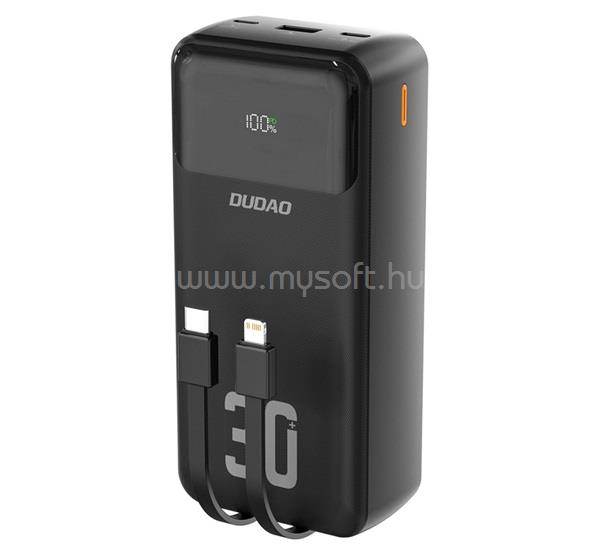 DUDAO DUDAO K15MAX vésztöltő USB+2 Type-C aljzat 30000mAh, LED kijelző + fix Type-C/lightning kábel, FEKETE