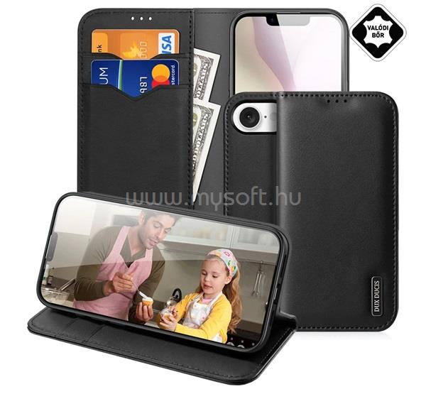 DUX DUCIS iPhone 17e / 16e DUX DUCIS HIVO tok álló, valódi bőr FLIP, RFID, FEKETE