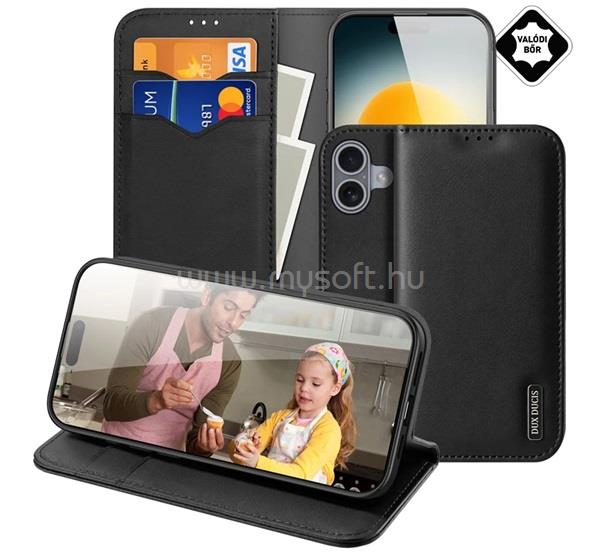 DUX DUCIS iPhone 17 DUX DUCIS HIVO tok álló, valódi bőr FLIP, RFID, FEKETE