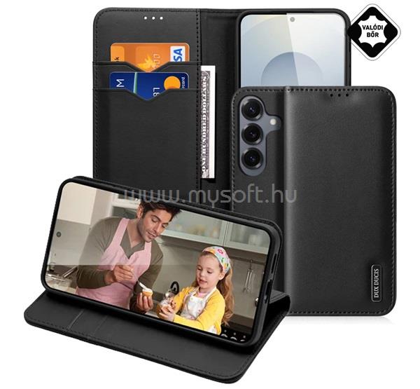 DUX DUCIS Samsung S26 Plus DUX DUCIS HIVO tok álló, valódi bőr FLIP, RFID, FEKETE