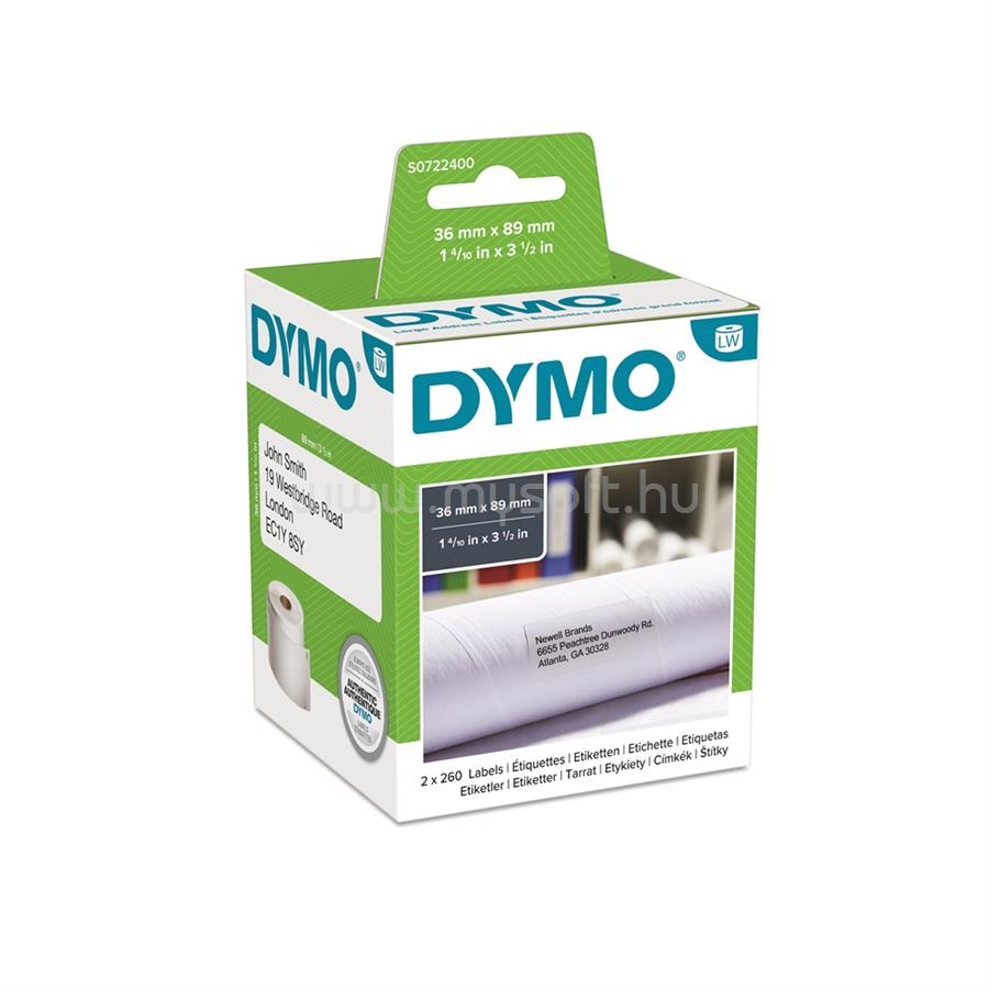 DYMO Etikett LW nyomtatóhoz 36x89mm, 260 db etikett/doboz, Original, fehér