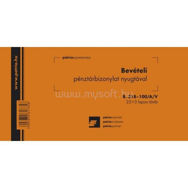 EGYEB BELFOLDI B.318-100/A/V 25x3 "Bevételi pénztárbizonylat nyugtával" nyomtatvány