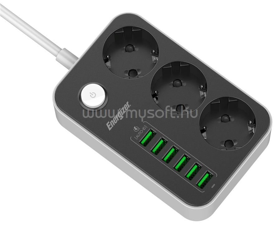 ENERGIZER EPB2500W01EU hálózati elosztó 3db hálózati és 6db USB csatlakozó aljzattal, túlfeszültség védelemmel, 2m kábel