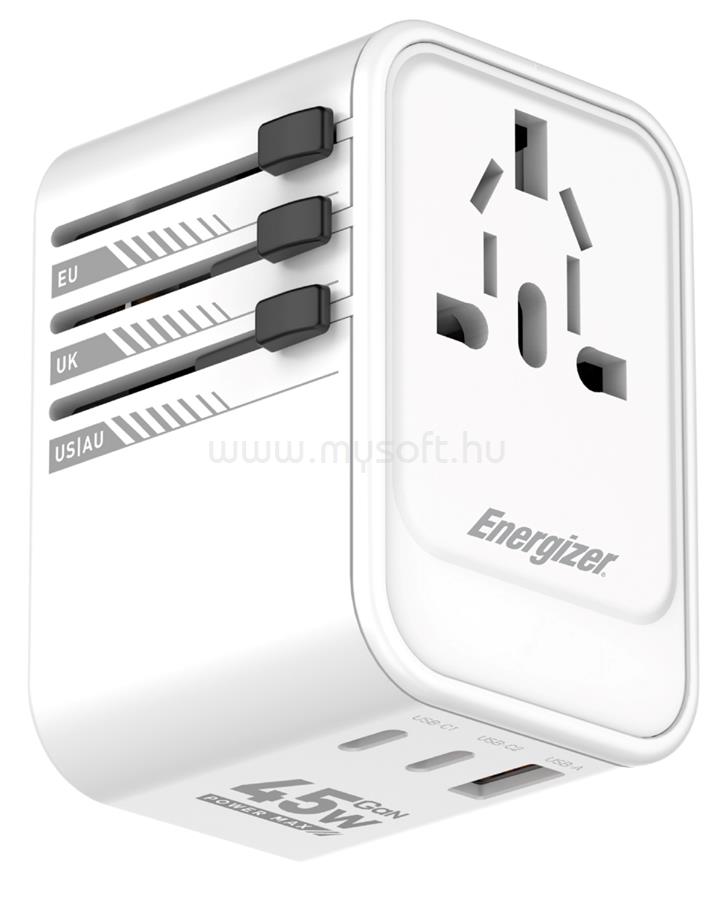 ENERGIZER ETC450 univerzális csatlakozású (EU, UK, US, AU) utazó adapter és PD gyorstöltő max. 45W töltési teljesítménnyel