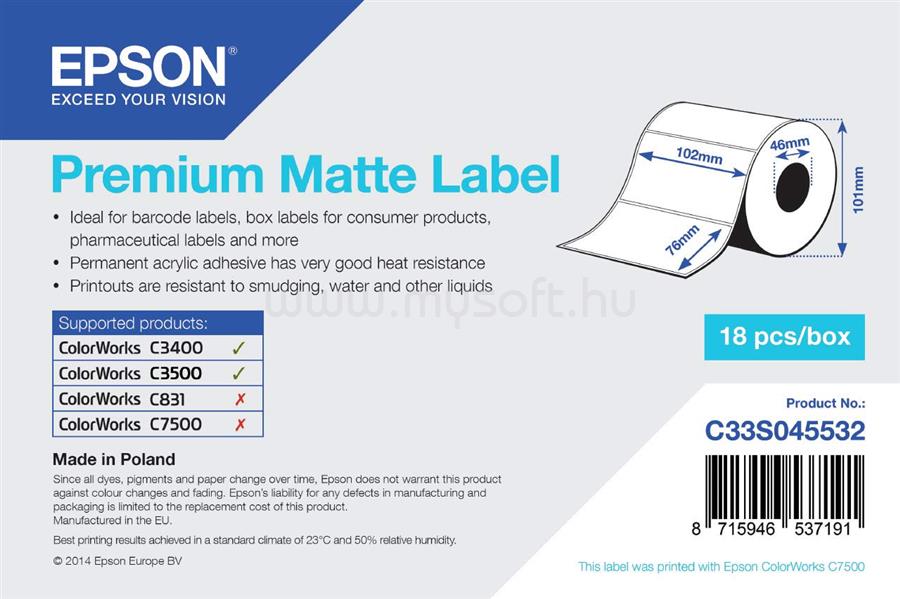 EPSON prémium matt inkjet 102mm x 76mm 440 címke/tekercs