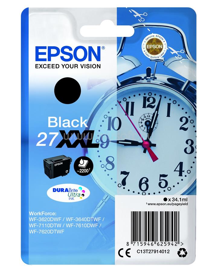 EPSON 27XXL Eredeti fekete Vekker DURABrite Ultra extra nagy kapacitású tintapatron (2200 oldal)