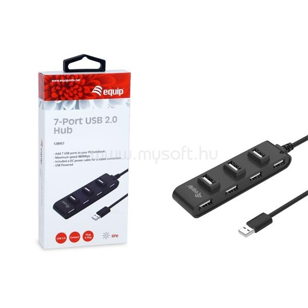 EQUIP Equip-Life USB Hub - 128957 (7 Port, USB2.0, USB tápellátás, kompakt dizájn, fekete)
