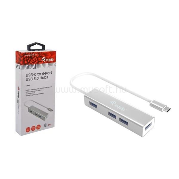 EQUIP Equip-Life USB Hub - 128958 (USB-C 3.0, 4 Port, USB tápellátás, kompakt dizájn, ezüst)