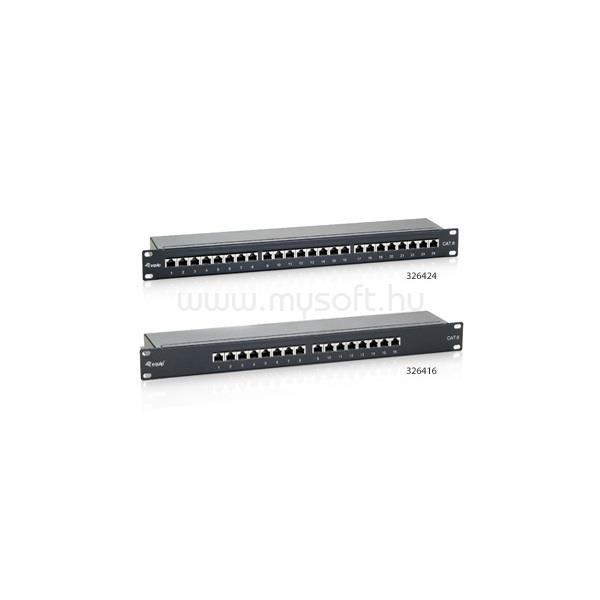 EQUIP Patch panel - 326424 (24 port, Cat6, 1U, árnyékolt, fekete)