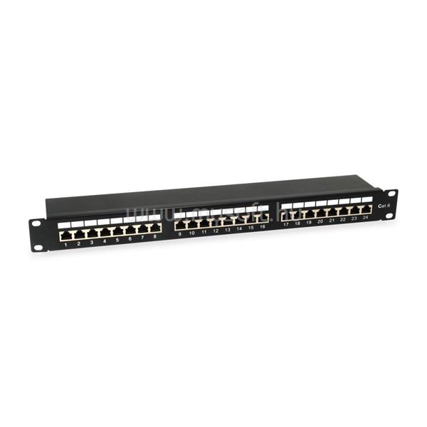 EQUIP Patch panel - 326425 (24 port, Cat6, 1U, árnyékolt, fekete)