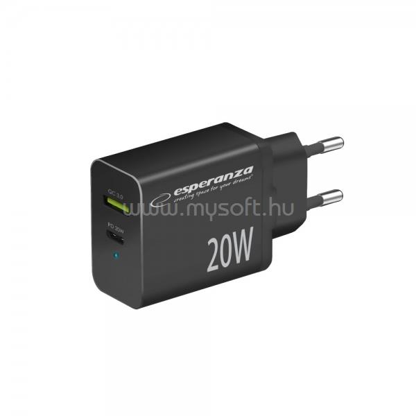 ESPERANZA gyorstöltő 20w usb-c pd 20w / usb-a qc 3.0 18w (fekete)