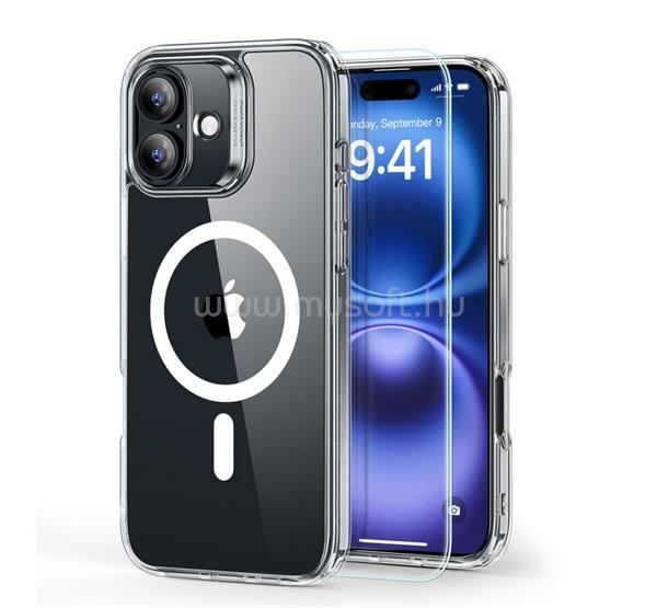 ESR iPhone 16 HYBRID HALOLOCK szilikon telefonvédő ütésállóság, MagSafe + képernyővédő üveg, ÁTLÁTSZÓ
