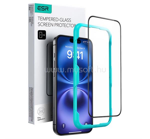 ESR iPhone 16 ESR képernyővédő üveg 2.5D, 9H + segédkeret, FEKETE