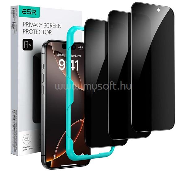 ESR iPhone 18 Pro / 17 Pro ESR PRIVACY képernyővédő üveg 3db 2.5D, betekintés ellen + segédkeret, FEKETE