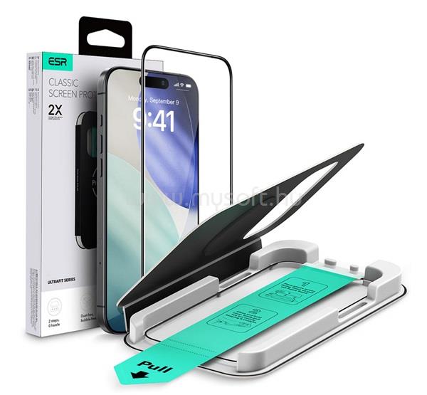 ESR iPhone 18 Pro / 17 Pro ESR ULTRAFIT képernyővédő üveg 2.5D, 9H + segédkeret, FEKETE