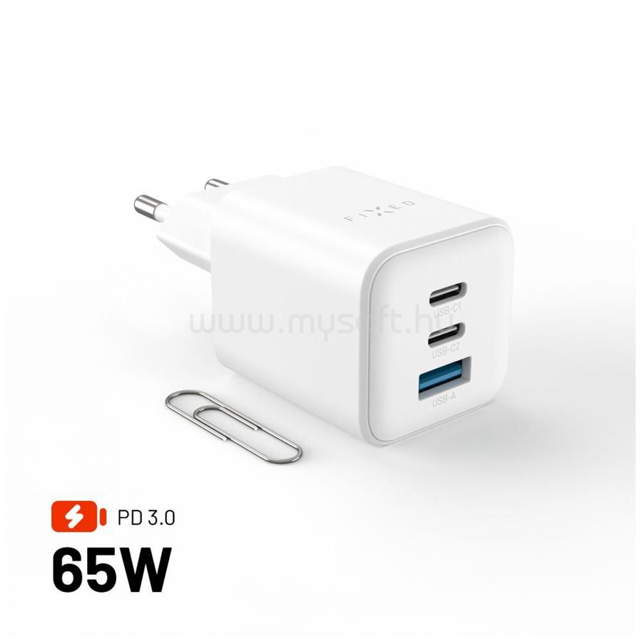 FIXED Mini 2x USB-C, USB-A GaN töltő adapter 65W, fehér