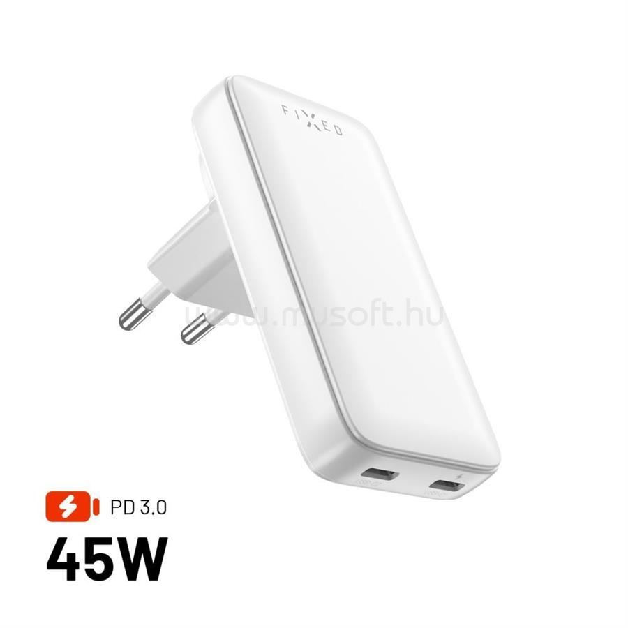 FIXED Slim Traveller 2xUSB-C utazási töltő világadapter GaN 45W (fehér)